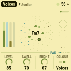 AMB-1's screen: the piece Voices, F Aeolian, the chord Fm7