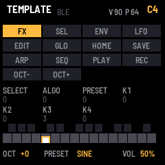 TEMPLATE while a key is held: C4 in the header with V 90 P 64, FX lit among the buttons, K3 at 3, the key filled