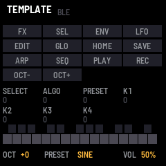 The TEMPLATE screen at rest: the name at the top, the 14 buttons in four rows, the seven knobs with their counts, the keys, then OCT +0, PRESET SINE, VOL 50%