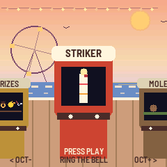 The boardwalk at golden hour: a Ferris wheel, the sea, and the row of cabinets, Striker in front
