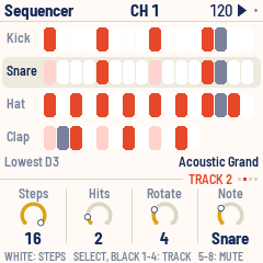 CTL-1's Sequencer page: four Euclidean drum tracks playing