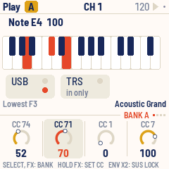 The Play page: a chord held, KNOB 2 just turned