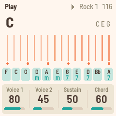 FoMni-1's screen: the chord C, sixteen strings ringing, the chord buttons below