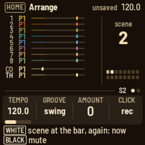 Arrange: each track's pattern with its playhead, scene 2 playing; knobs tempo, groove, amount, click