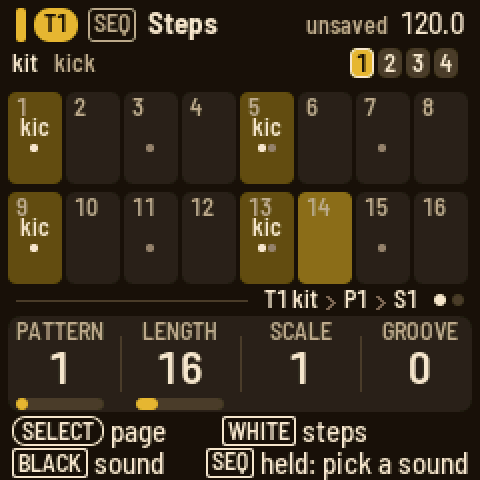 Steps on T1 kit, playing: kick on 1, 5, 9 and 13, snare on 5 and 13, hats between; a tick for every sound on a step, the playhead lit