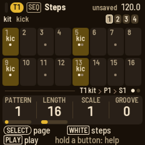 The Steps page stopped: the header with the page and tempo, the line of what a step press writes and the bars, the 16 cells, the tag line, the knob strip and the two hint lines
