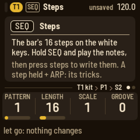 SEQ held alone for a second: a card explaining the Steps page; let go and nothing changes
