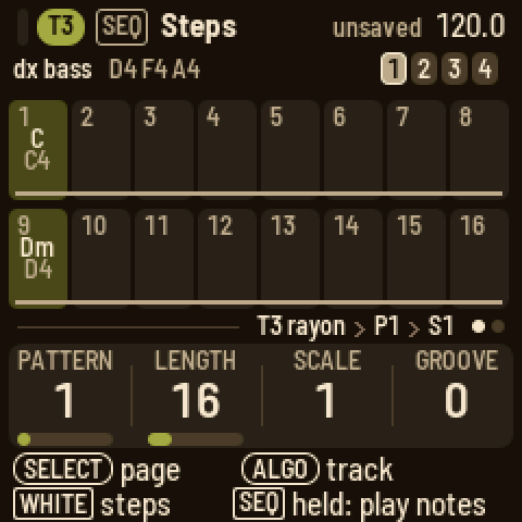 Steps on T3: a C chord on step 1 and a D minor on step 9, each named in its cell, with a bar under the steps they last