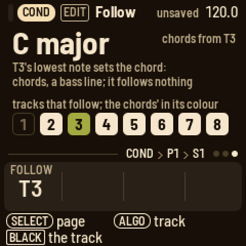 The conductor's Follow page: chords from T3, its box in its colour among the tracks that follow; T3's lowest note sets the chord