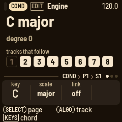 The conductor's Engine page: C major, degree 0, the tracks that follow lit; knobs key, scale, link
