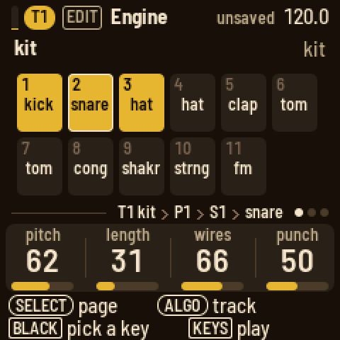 Engine on T1 kit: the eleven keys as pads, the snare picked; its knobs pitch, length, wires, punch