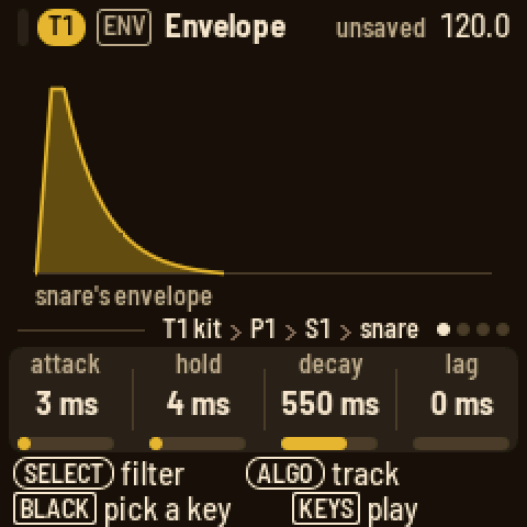 ENV on T1 kit: the snare's own envelope, attack 3 ms, hold 4 ms, decay 550 ms, lag 0, its shape drawn