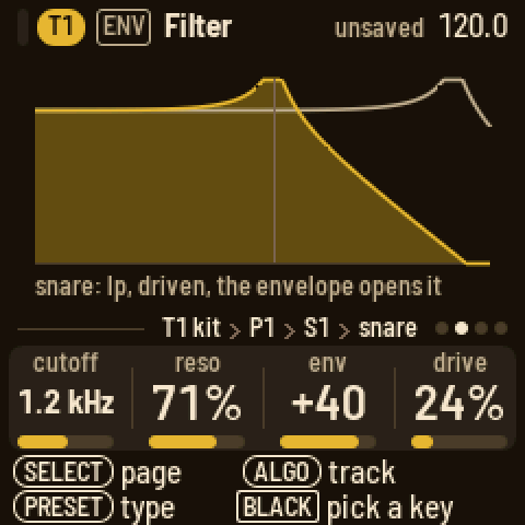 ENV's Filter page on T1 kit: the snare through a low-pass at 1.2 kHz, resonance 71 %, the envelope opening it, drive 24 %
