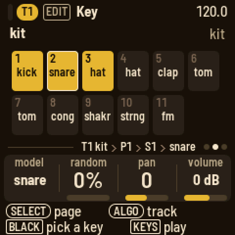 The Key page: the snare's model, random, pan and volume