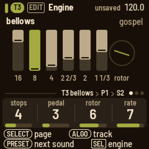 Engine on T3 bellows, the gospel preset: six drawbars, the 8-foot one lit, and the rotor; knobs stops 4, pedal 3, rotor 6, rate 7