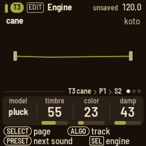 Engine on T3 cane, the koto preset: the string drawn between its two ends; knobs model pluck, timbre 55, color 23, damp 43