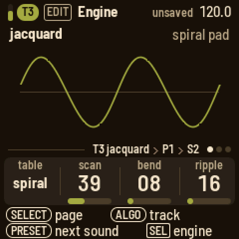Engine on T3 jacquard, the spiral pad preset: the wave drawn; knobs table spiral, scan 39, bend 08, ripple 16