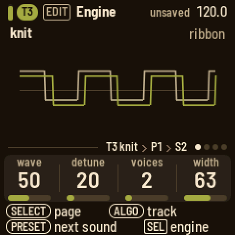 Engine on T3 knit, the ribbon preset: two square waves of the unison drawn; knobs wave 50, detune 20, voices 2, width 63