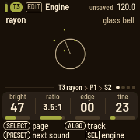 Engine on T3 rayon, the glass bell preset: the carrier's circle with the modulator turning on it; knobs bright 47, ratio 3.5:1, edge 00, tine 23