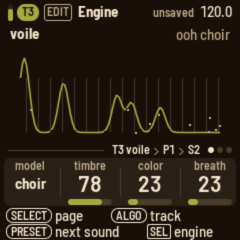 Engine on T3 voile, the ooh choir preset: the voice's formants drawn as peaks; knobs model choir, timbre 78, color 23, breath 23