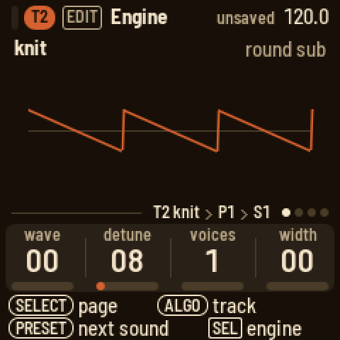 The Engine page on T2: the engine, its picture, the preset name, and its four knobs from 00 to 99