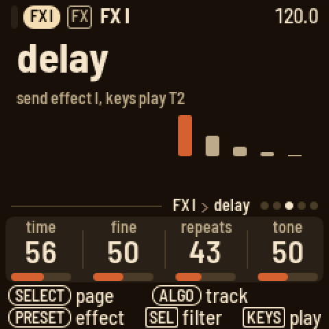 FX's FX I page: the delay with time, fine, repeats and tone