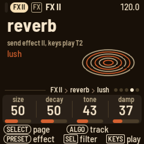 FX's FX II page: the reverb in its hall mode, with size, decay, tone and damp