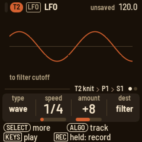 LFO: a wave LFO at 1/4 moving the filter cutoff, its shape drawn