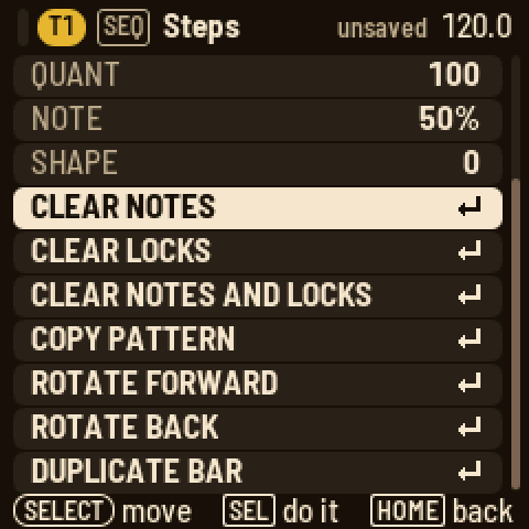 SEL on Steps: quantise, note length and shape, then clear notes, clear locks, copy, rotate and duplicate