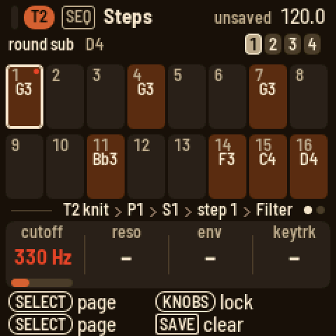 Step 1 held with ENV's filter page: the cutoff locked at 481 Hz in red; the other knobs show a dash, unlocked