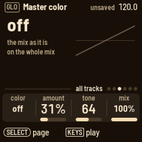 Master out: bars for drums, melodic, comp and pump; knobs drums 100, melodic 100, comp 30, pump 4.0 dB