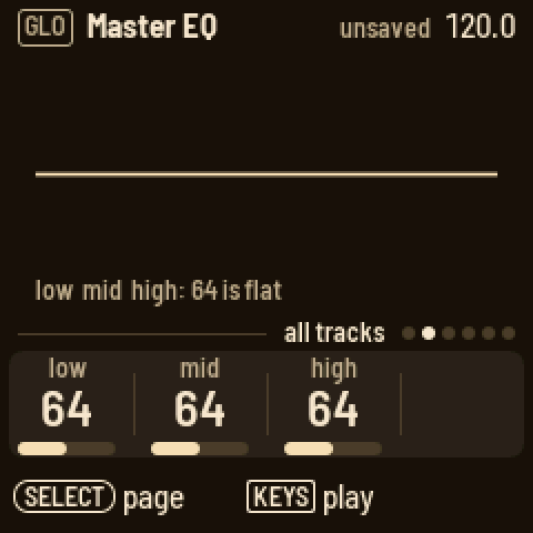 Master EQ: low, mid and high, flat at 64
