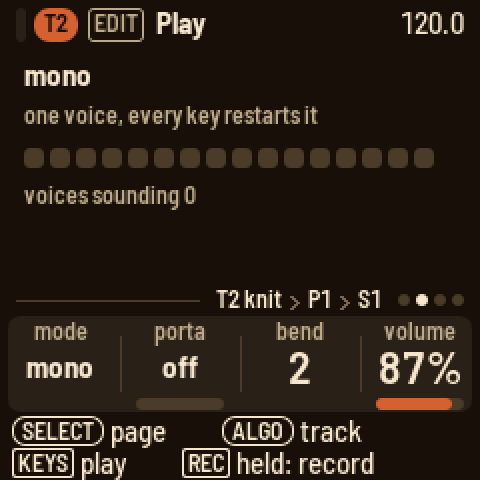 Play: voice mode, portamento, bend range and volume