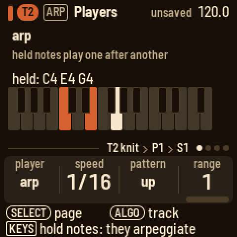 Players: the arp at 1/16, up, one octave, with C4 E4 G4 held