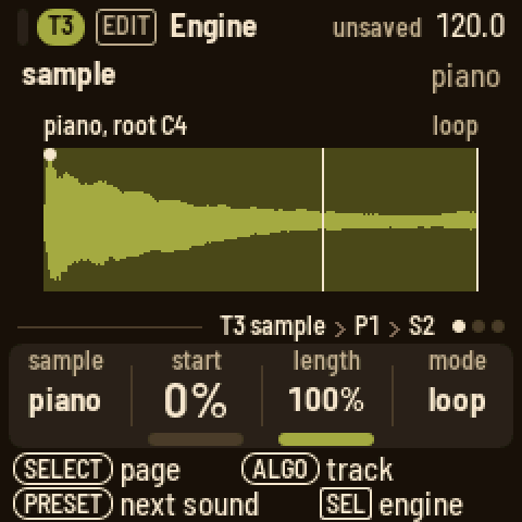 Engine on T3 sample: the piano's waveform, its root C4, in loop mode; knobs sample, start, length, mode