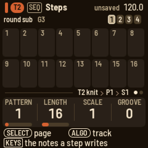 Steps on T2 with SEQ held: the keys play notes, and the line above the grid says the notes a step will write