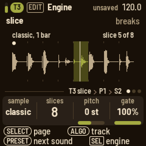Engine on T3 slice: the classic break's waveform (1 bar) cut in eight, slice 5 playing; knobs sample classic, slices 8, pitch 0 st, gate 100 %