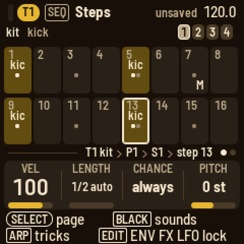 Step 13 held on T1: its velocity, length, chance and pitch on the knobs; the footer offers its length, its sounds, the nudge and the lock pages