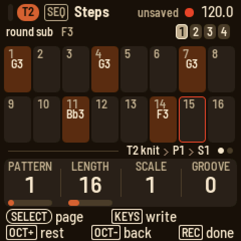 REC tapped on Steps: the red cursor waits on the step after the last note