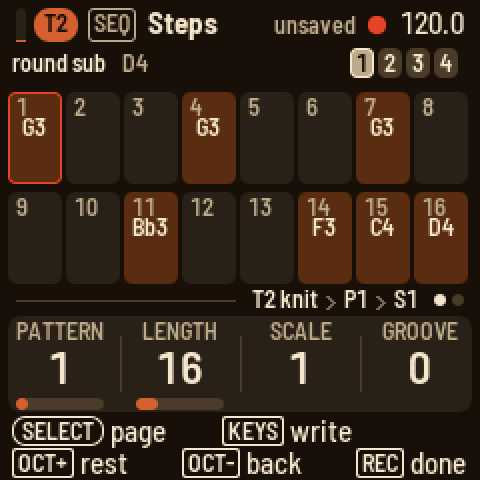 Step record on T2: the red cursor on the next step after the notes written so far; the footer says KEYS write, OCT+ rest, OCT- back, REC done