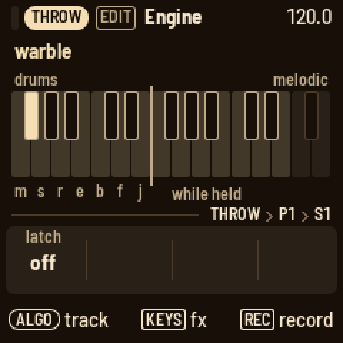 The throws' page: the two octaves of the keyboard, drums below and melodic above, with the effect held lit