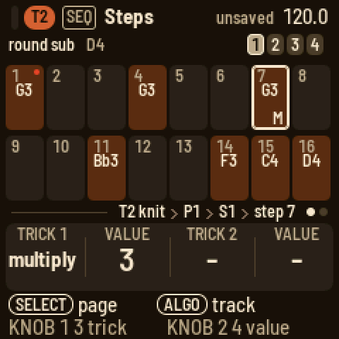 Step 7 held with ARP: multiply 3 on the step; the knob strip shows its two trick slots and their values