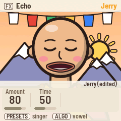 The screen: FX Echo, Jerry (edited): Amount 80, Time 50; knobs 3 and 4 unused