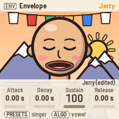 The screen: ENV Envelope, Jerry (edited): Attack 0.00 s, Decay 0.00 s, Sustain 100, Release 0.00 s