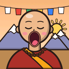 The screen: Jerry the monk, eyes closed, mouth wide open, in front of prayer flags, snowy mountains and the sun