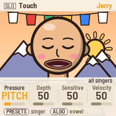 The screen: GLO Touch, Jerry, for all singers: Pressure PITCH, Depth 50, Sensitive 50, Velocity 50