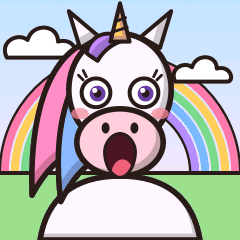 The screen: Philip, a white unicorn with a rainbow mane, singing in front of a rainbow and clouds