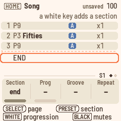 The Song page: three sections, the cursor on END