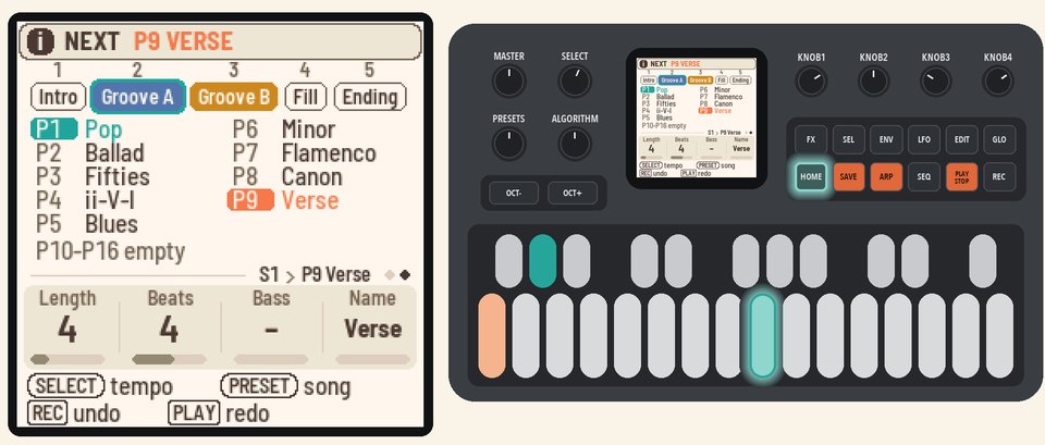 HOME held, white key 9 pressed: NEXT P9 VERSE