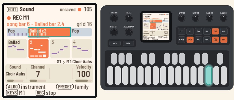Recording M1 in section 2: Ballad's bar 2 flashes with the new notes